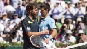 Novak Djokovic became only the sixth man to take his place in multiple finals at each Grand Slam event after he defeated Ernests Gulbis 6-3 6-3 3-6 6-3 in the first of the menÈs semi-finals in Paris